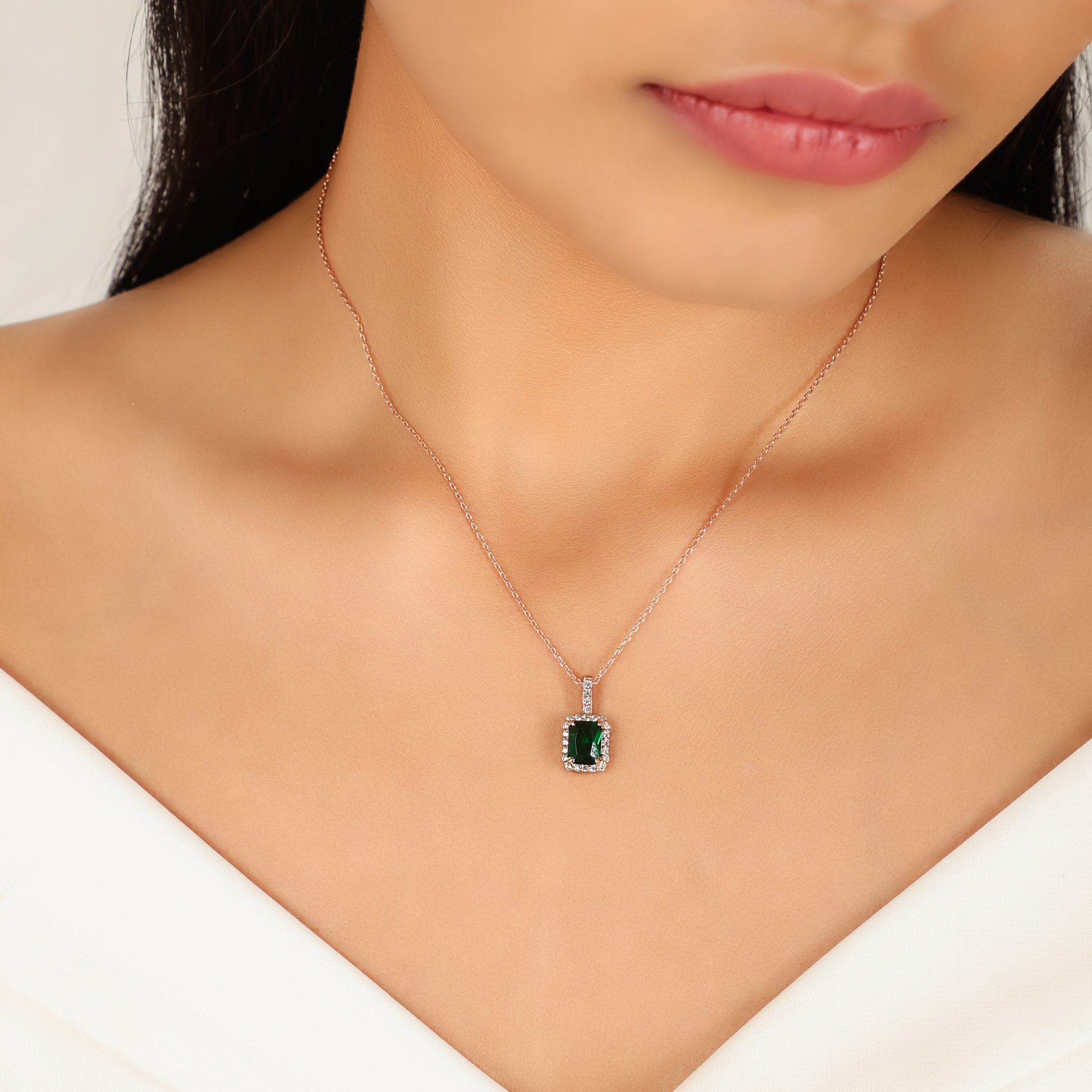 Octagon Cut Emerald Halo Pendant With Chain, Hallmarked 925 Sterling Silver sterlyn 925