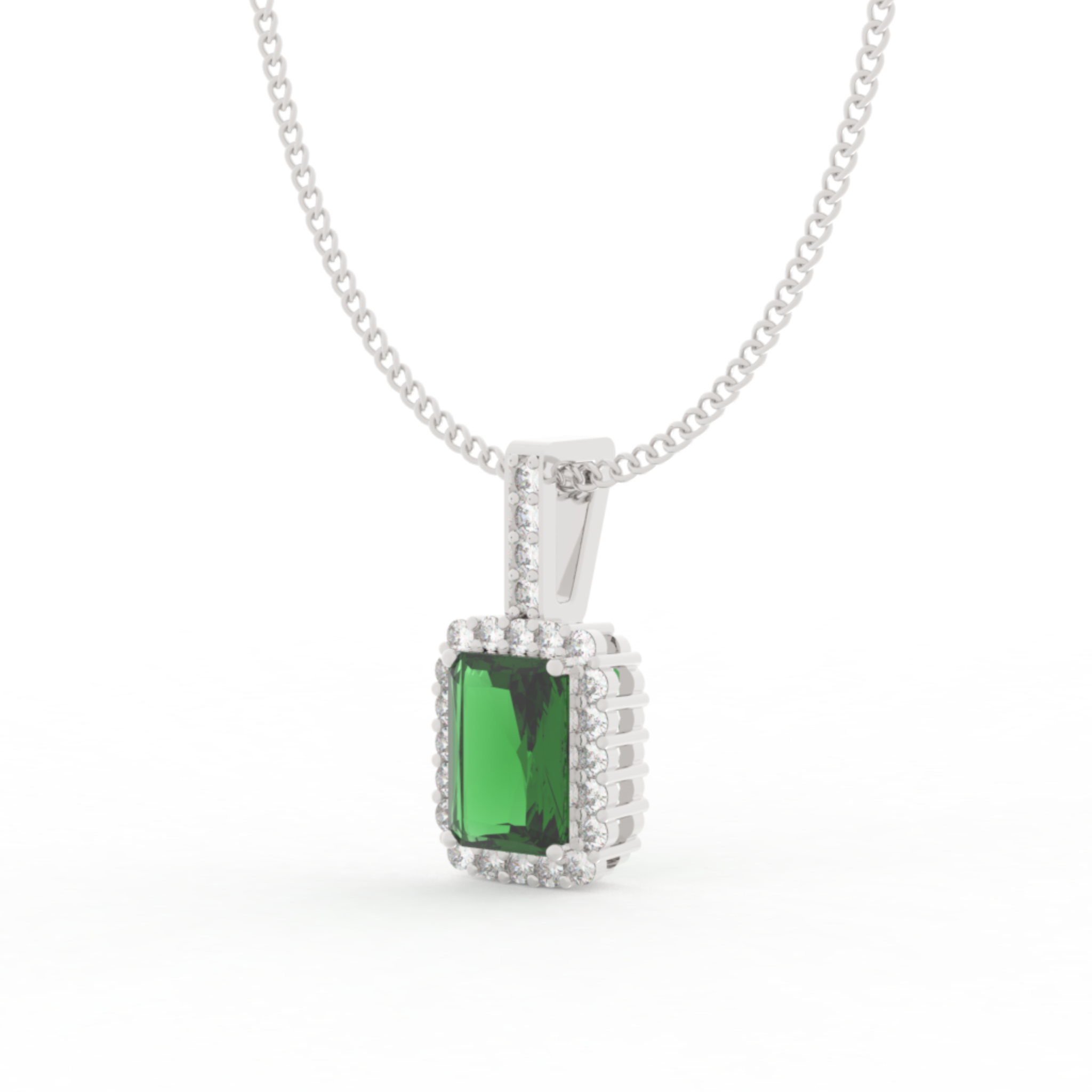 Octagon Cut Emerald Halo Pendant With Chain, Hallmarked 925 Sterling Silver sterlyn 925