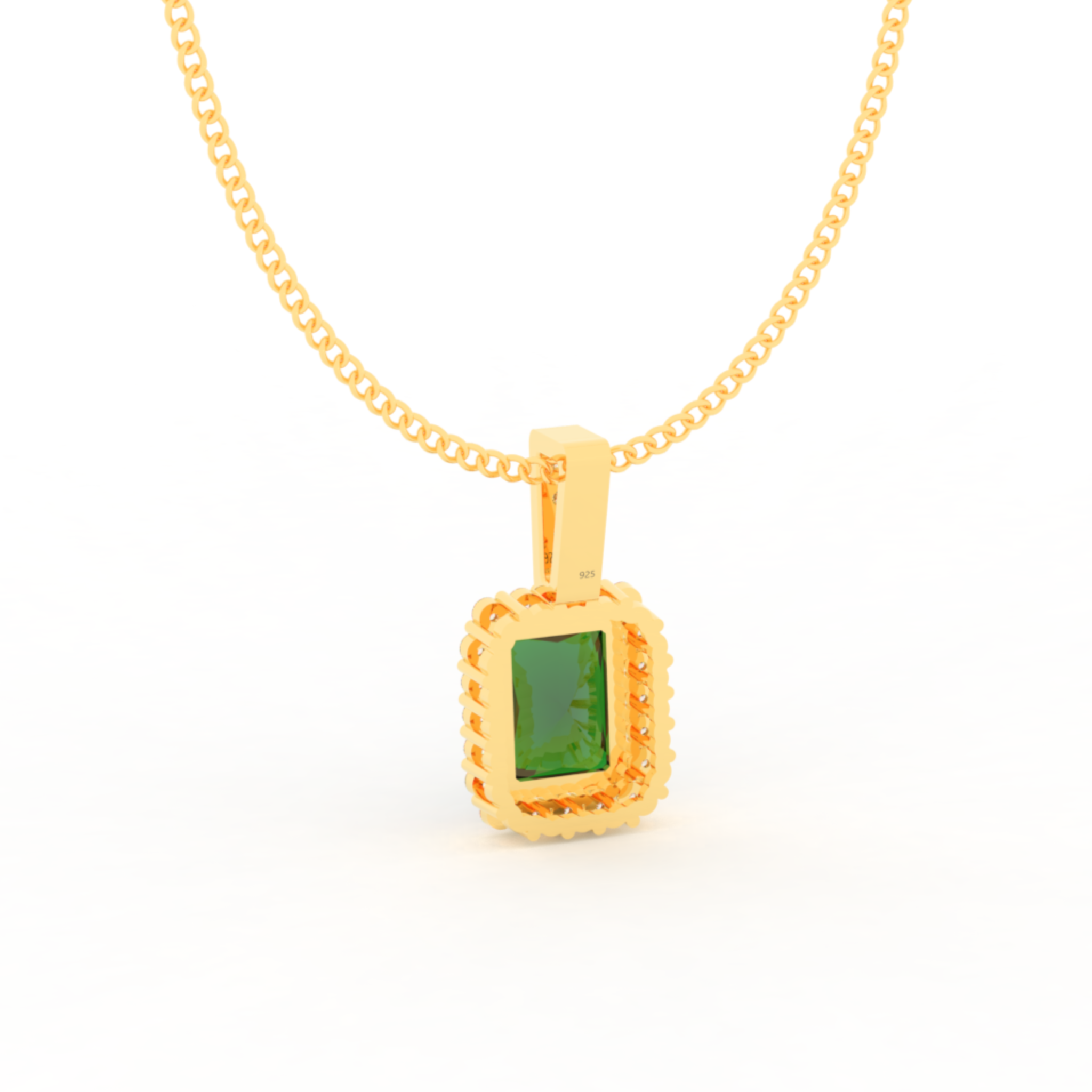 Octagon Cut Emerald Halo Pendant With Chain, Hallmarked 925 Sterling Silver sterlyn 925