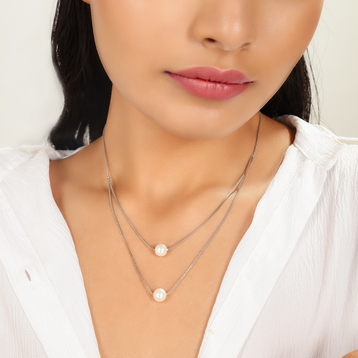 Pearl Double Layered Chain Necklace, Hallmarked 925 Sterling Silver sterlyn 925